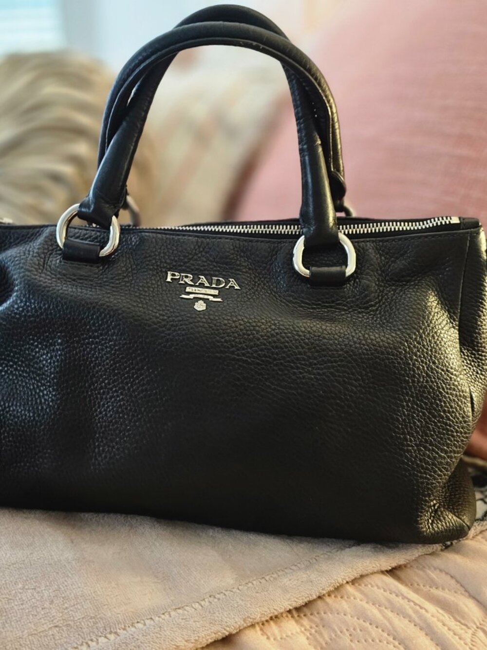 Authentic Prada Vitello Daino Black Pebbled Leather Satchel Handbag